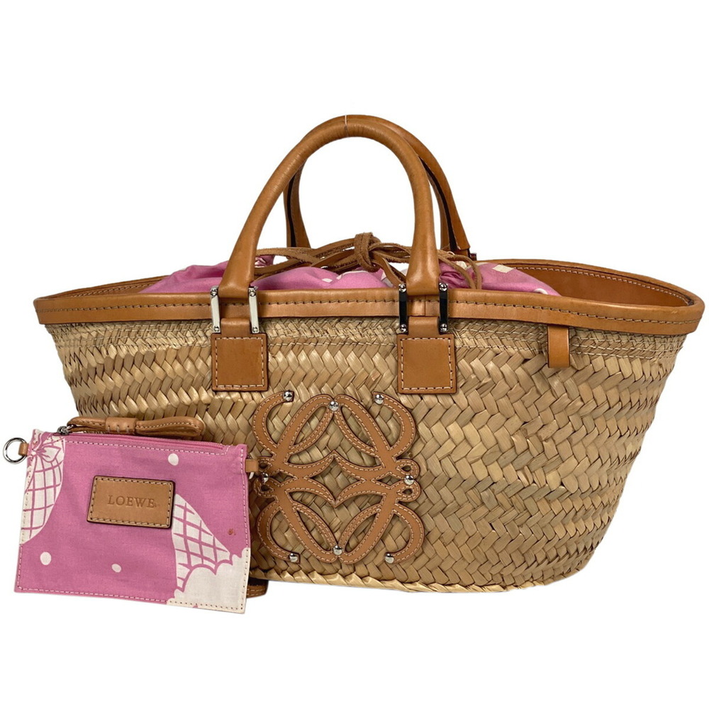 Loewe Basket Bag Straw Tan Anagram Tote Palm Leaf Handbag Leather Beige Pink